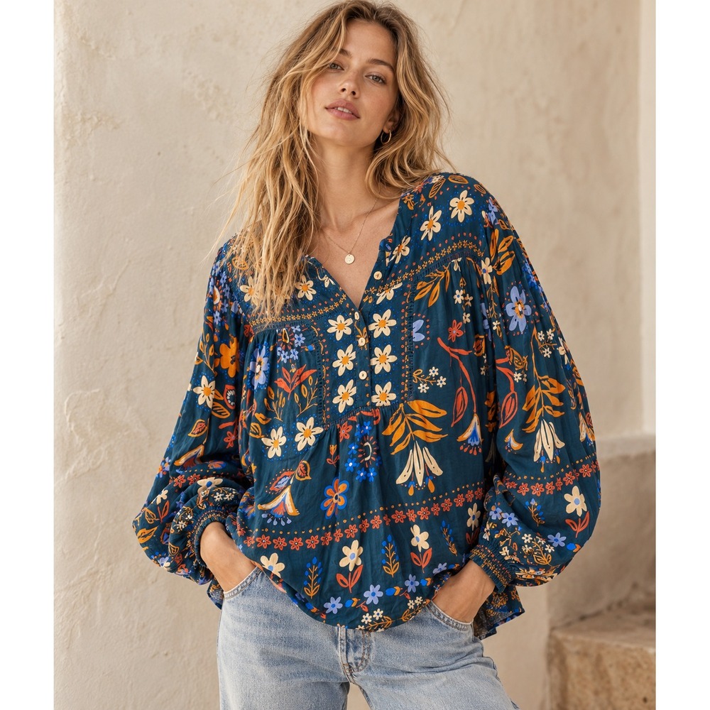 Easel Blouse Top Women Sz L Floral Baggy Bright Peasant Colorful Festival